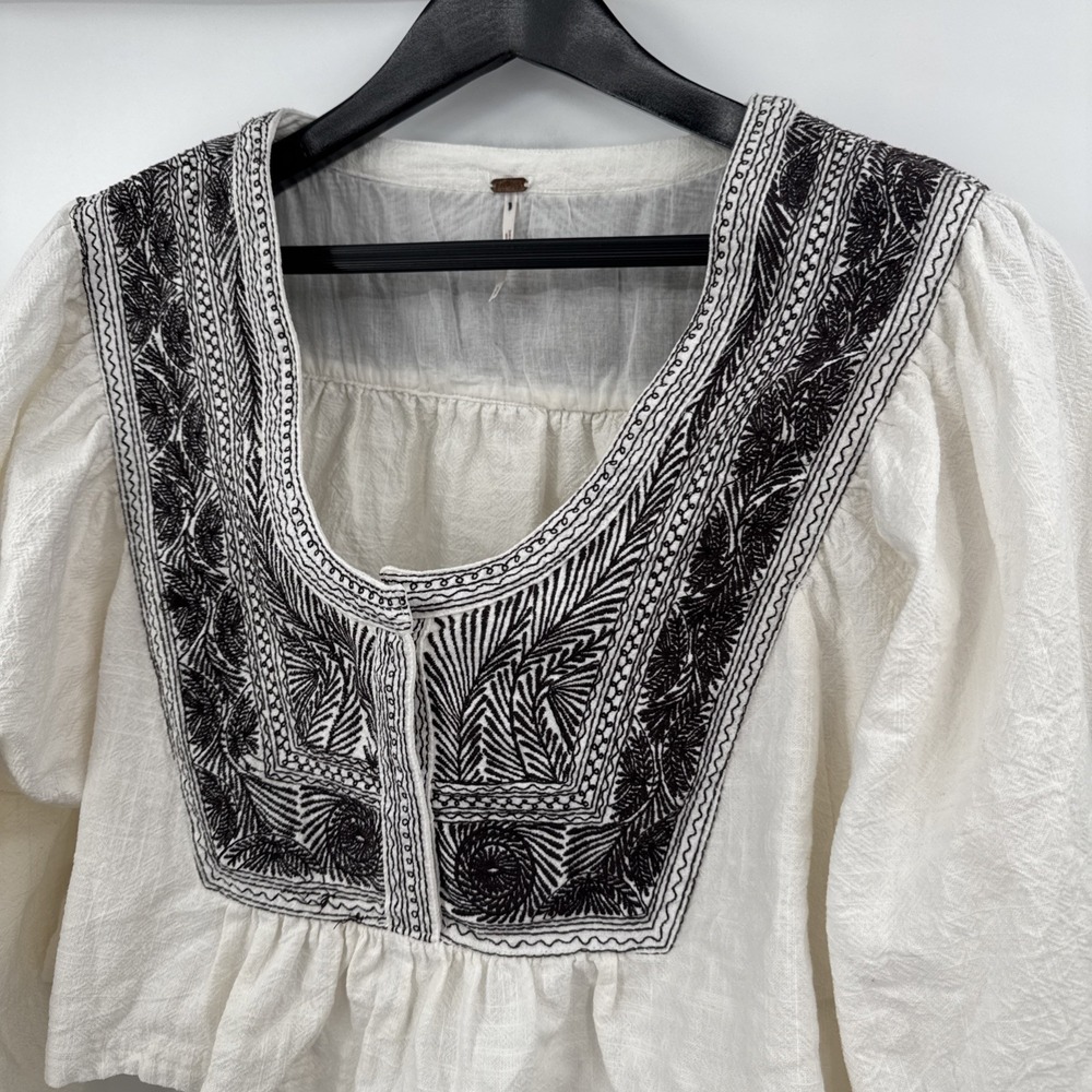 Free People Cream & Brown Iggie Embroidered Boho Peasant‎ Blouse Size S